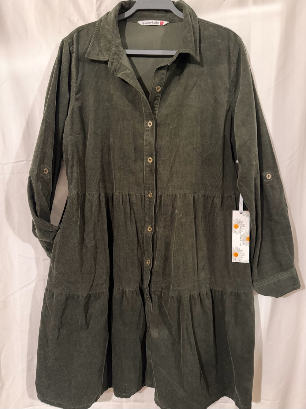 Olive Green Corduroy Tiered Shirt Dress